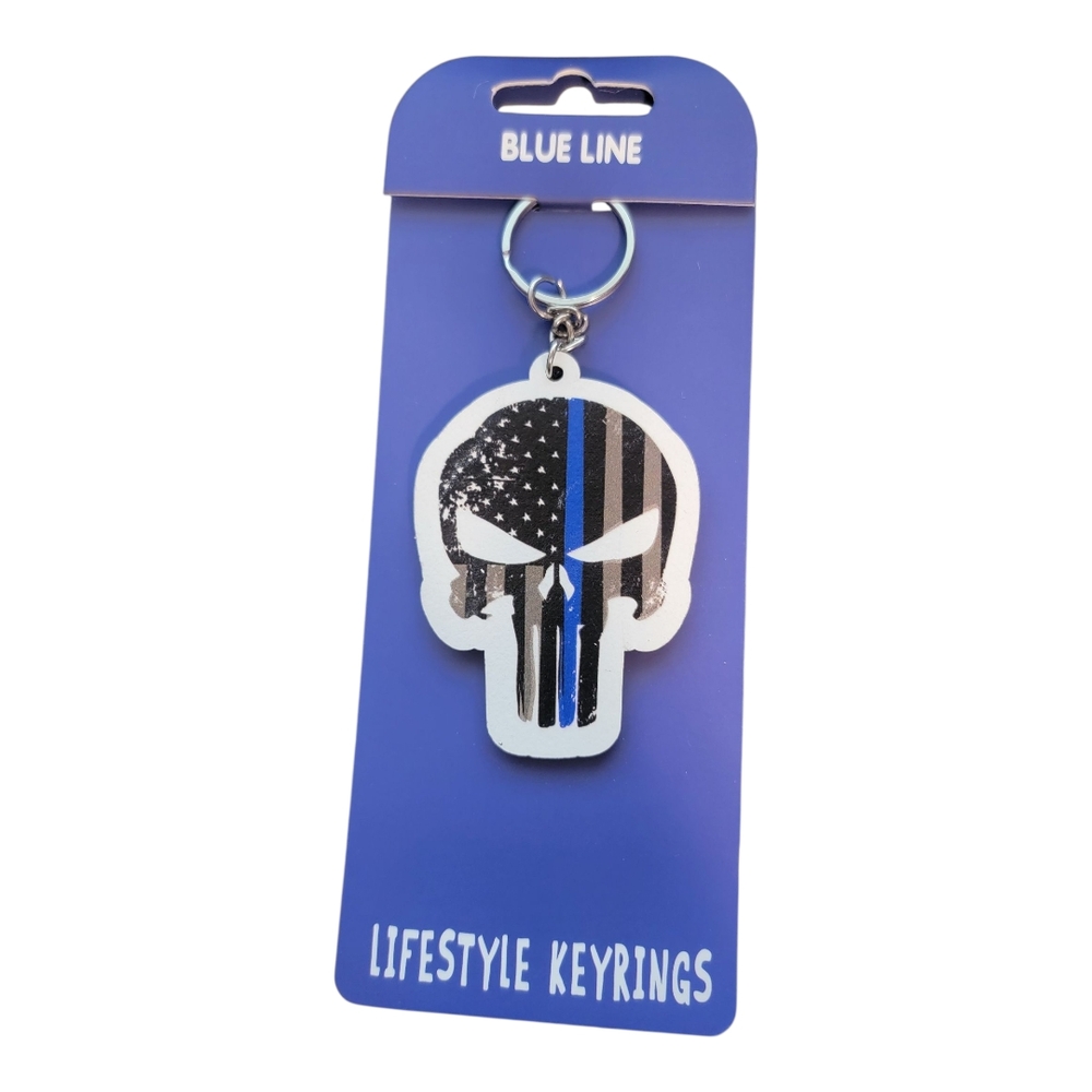 Skull USA Blue line ‎ Lifestyle KEYCHAIN. DOUBLE SIDED WOOD